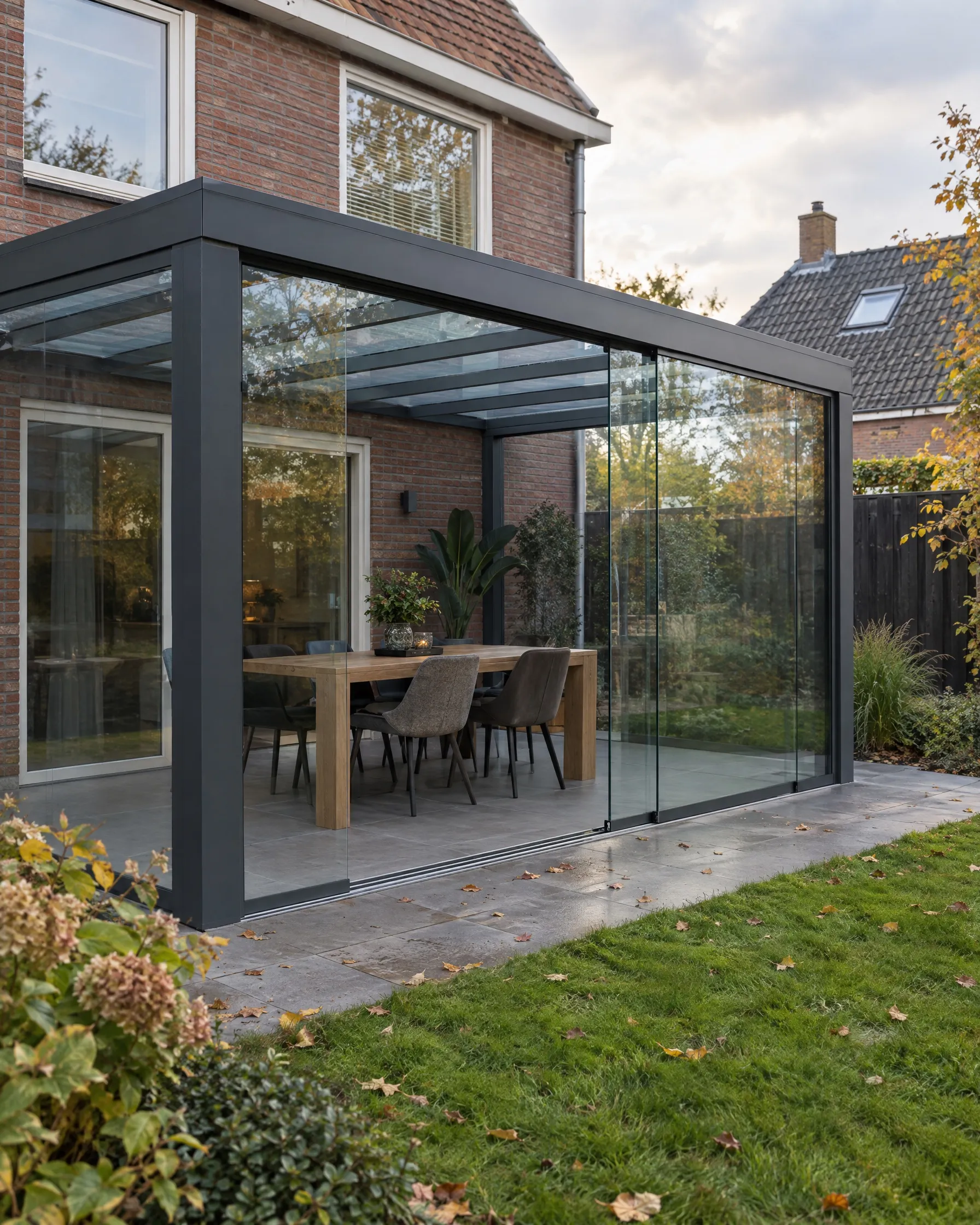 Veranda met glazen schuifwanden, half open, met eettafel binnen